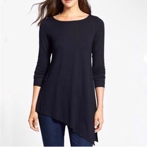 Eileen Fisher Asymmetrical Black Long Sleeve Tunic Top Sz XS Jersey Bateau Neck